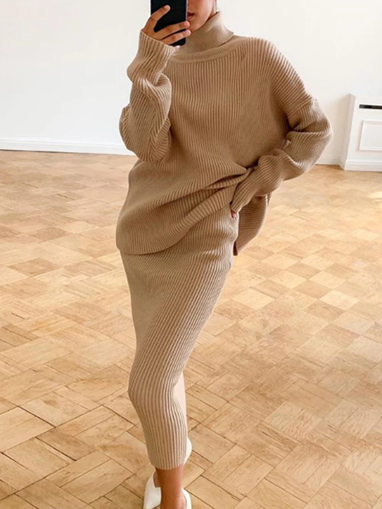 Knitted Skirt Set Women Winter Casual Turtleneck Sweater And Midi Skirt Sets Lady Fashion Elegant Pullover Suits Two Piece Sets