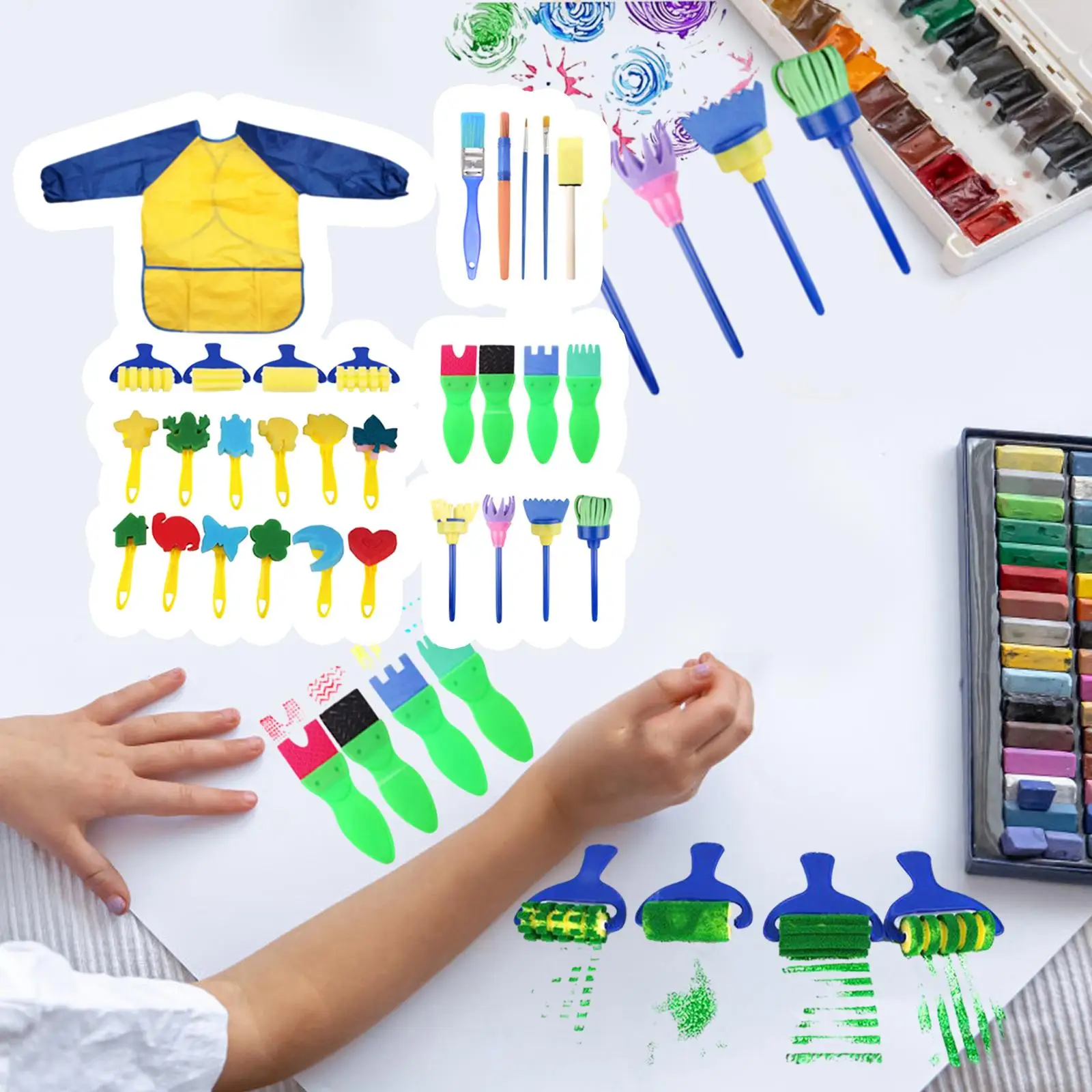 Ensemble d'éponges de peinture pour enfants, pinceaux artisanaux, kit avec tablier imperméable, dessin pour filles, enfants