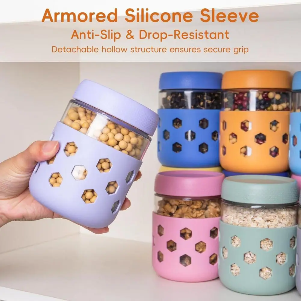 Glass Mason Jars with Silicone Sleeves 16 Oz Leak-Proof Meal Prep Jars for Yogurt Snacks Airtight Overnight Oats Container