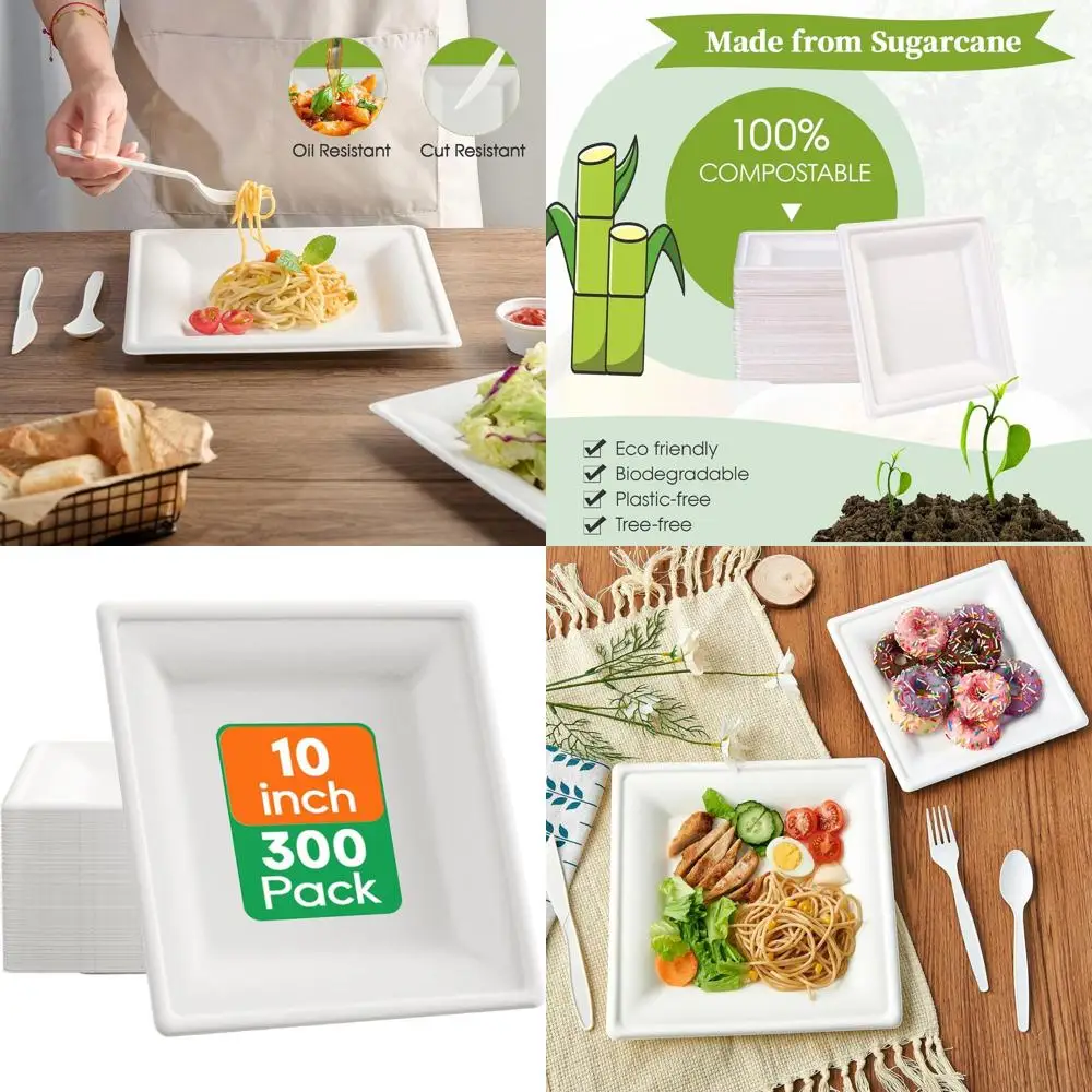 

Квадратные компостируемые бумажные тарелки 10 дюймов, 300 штук, сверхпрочные биоразлагаемые тарелки из сахарного тростника, экологически чистые, идеально подходят для вечеринок