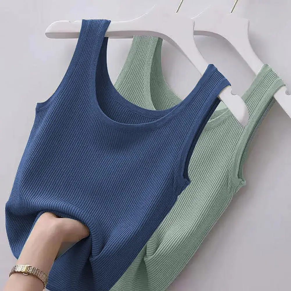 

Women Knit Vest Top Ribbed Tank Top Camisole Summer Basic Elastic O Neck Knitting Tank Top Women Summer Vest Slim Fit Tank Camis