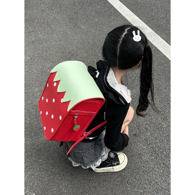 Cute Strawberry Backpack, Japanese Sweet Lolita School Bag for Girls, Kawaii Daily Backpack with Strawberry Pendant & ID Holder