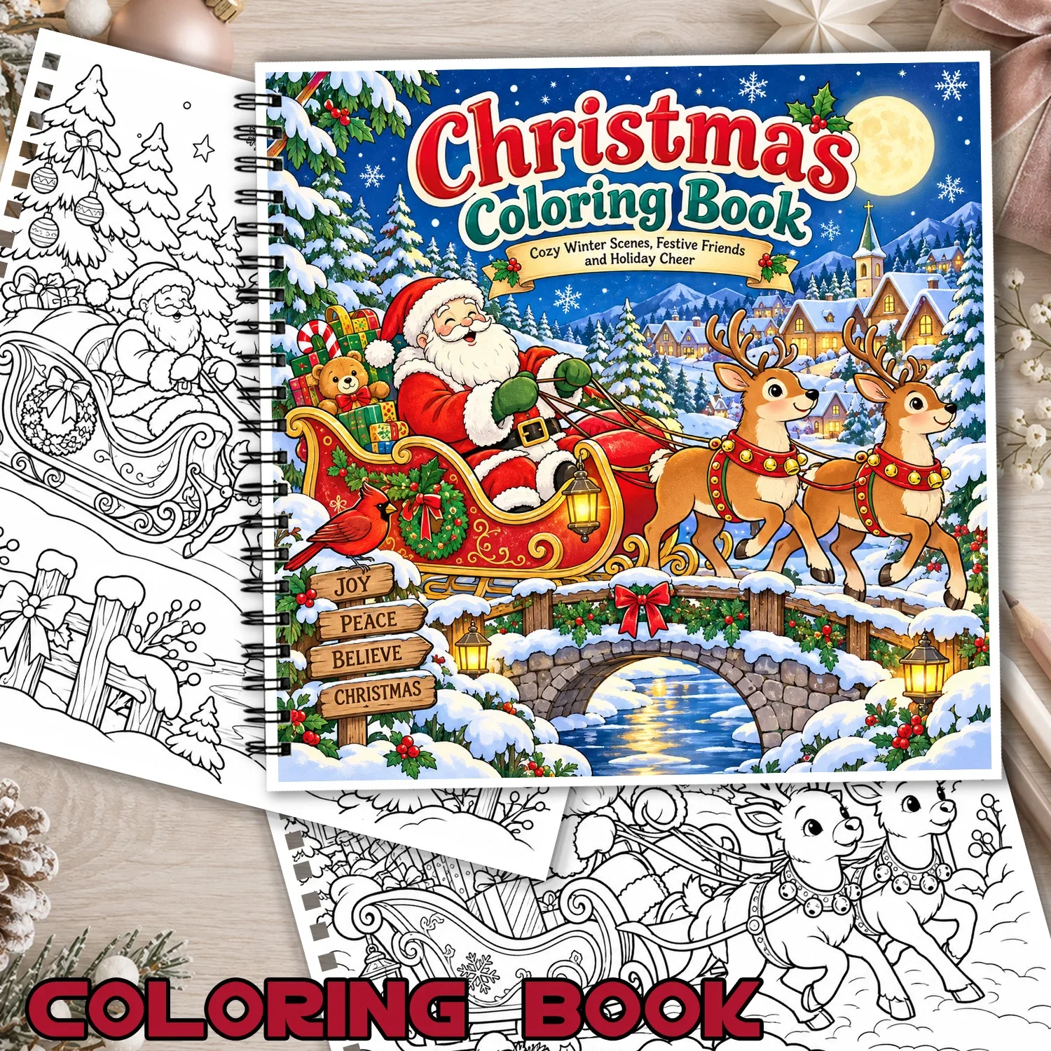 Christmas Coloring Book Spiral Bound 24Pages Showcasing Creativity & Relieving Stress Design Cozy Santa Sleigh Art Activity