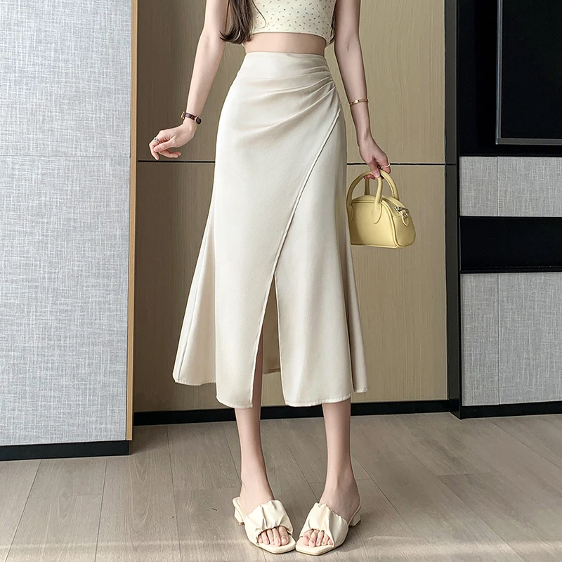 

2024 New Spring Summer Women Satin Midi Skirts Ladies Fashion Folds High Waist Slit Long Skirt Ladies Elegant Mermaid Skirts