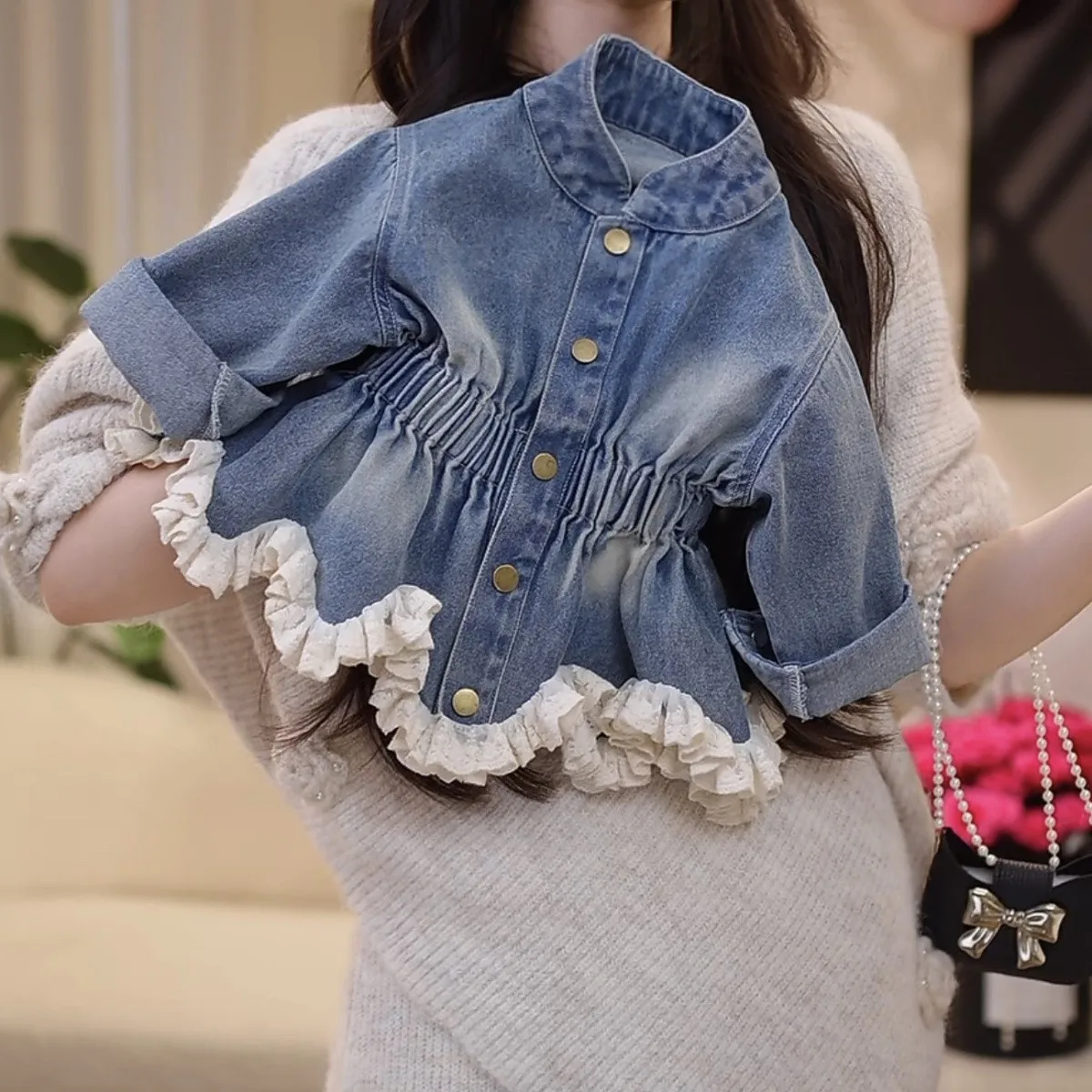 

Baby Girls Deinm Jacket Spring and Autumn New Jeans Children's Elegant Sweet Coat