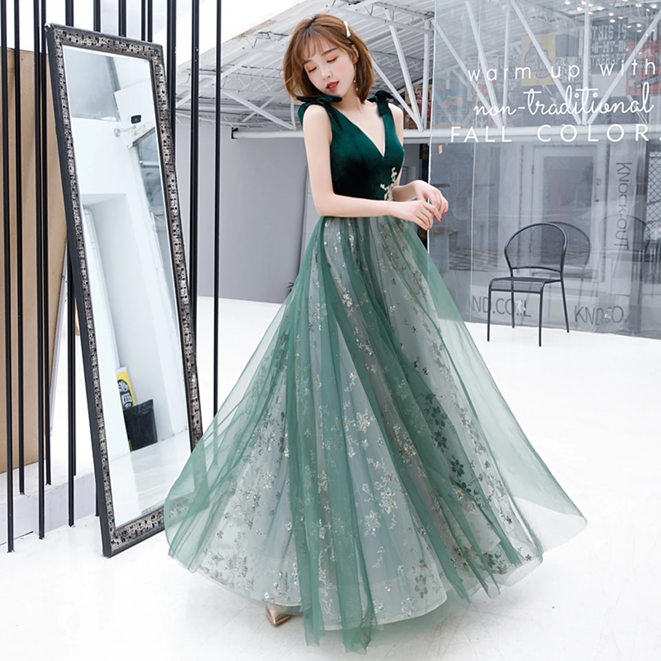 Elegante velluto verde A-Line oro tulle applicazioni senza spalline con fiocco abiti da sera principessa banchetto festa abito da ballo 2022