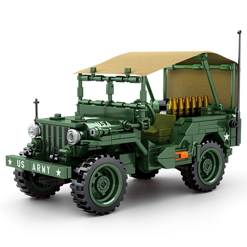 

WW2 Military Vehicle German Willis Car Antiaircraft M38 Artillery Gun Building Blocks Bricks Classic Sets Model Kit Kids Toys