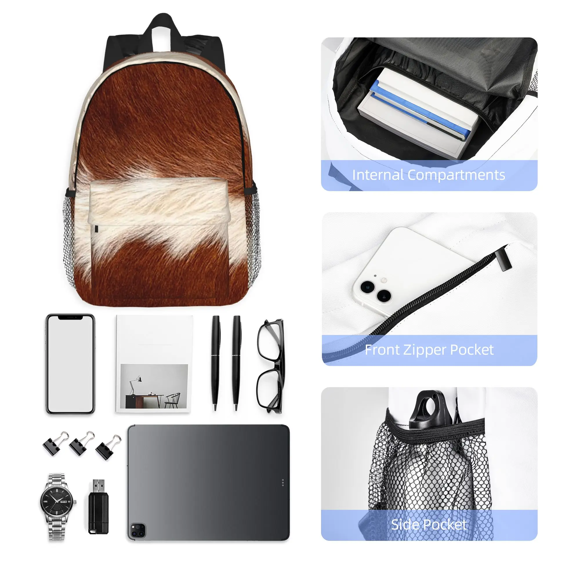 Stylish Cow Fur Cowhide Texture Cow Skin Print Pattern Backpack Hot Sale Daypack BookBag Shoulder Bags for Men Women School Bag