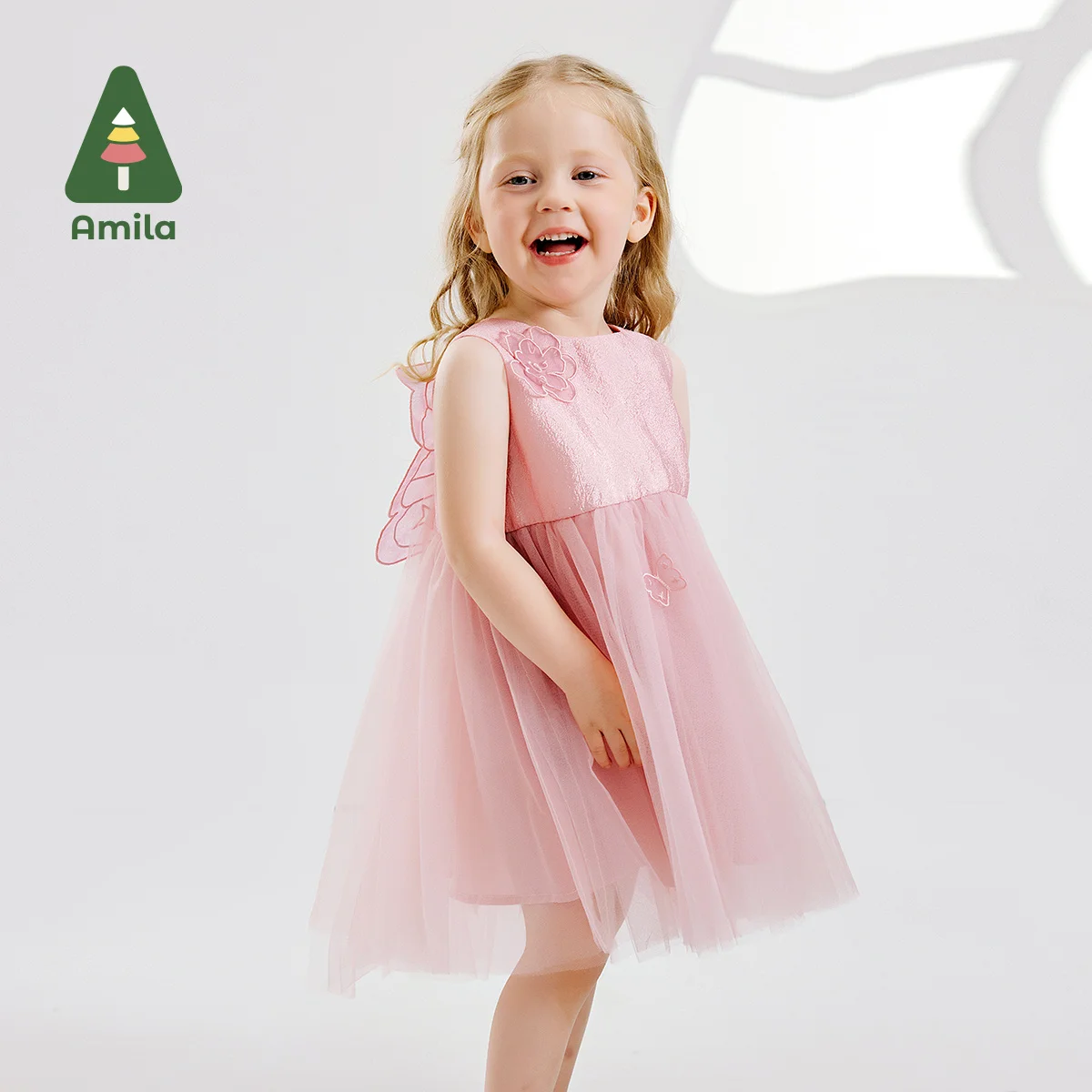 Amila 2024 Summer New Girls Dress tridimensionale Butterfly back impreziosito Sweet Mesh abito senza maniche 0-6Y