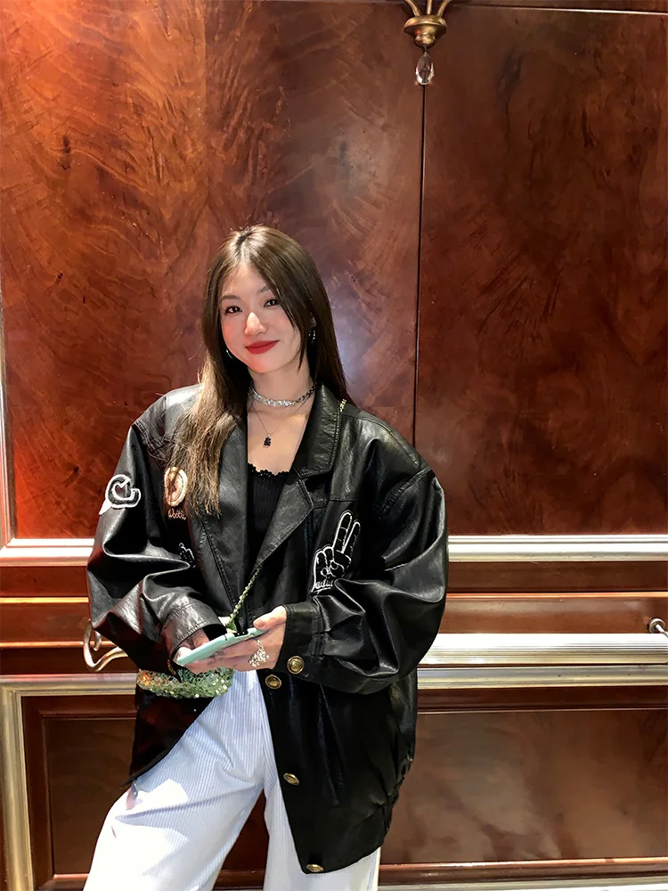 

Black PU Leather Jacket Women's Loose Motorcycle Style Coat Fall Design Sense Small Audience 2025 New Arrival