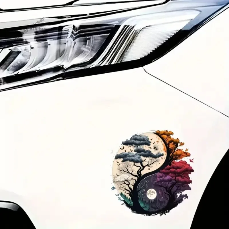 Yin-Yang Nature Balance Vinyl Decal Sticker Glitter Self-Adhesive Cartoon Fantasy Design with Trees, Birds, Wall Decor