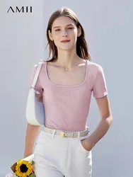 Amii Minimalism Women Tops & Tees 2024 Summer New Casual Basics Modal Solid Square Collar Short Sleeve Elastic T-shirts 12442331