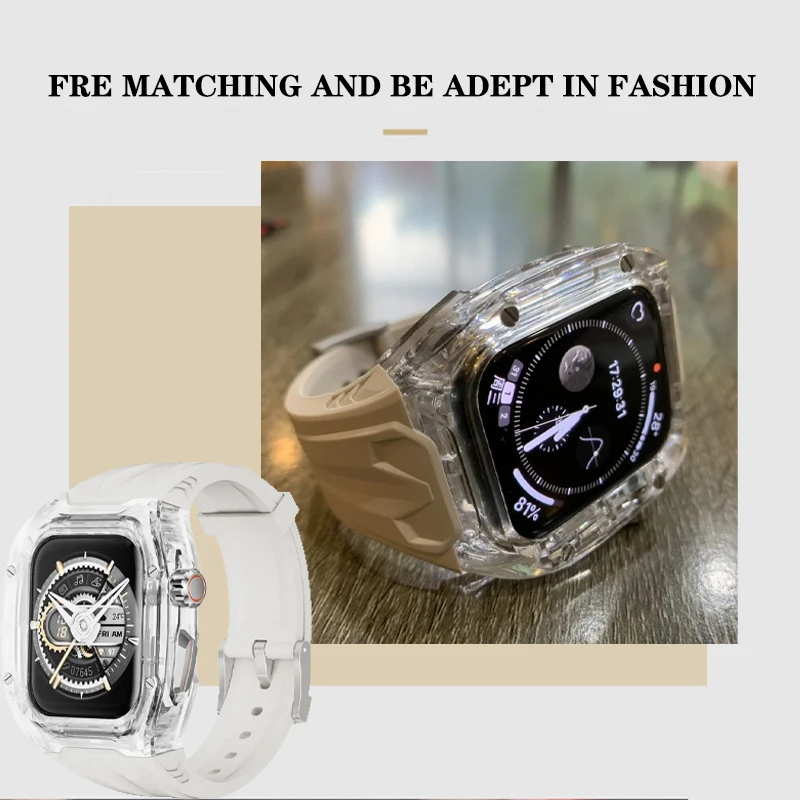 Luxury Transparent Case for Apple Ultra Watch 49mm 44mm 45mm Modification Kit for iwatch series 9 8 7 SE 6 5 4 Rubber Band+Cover