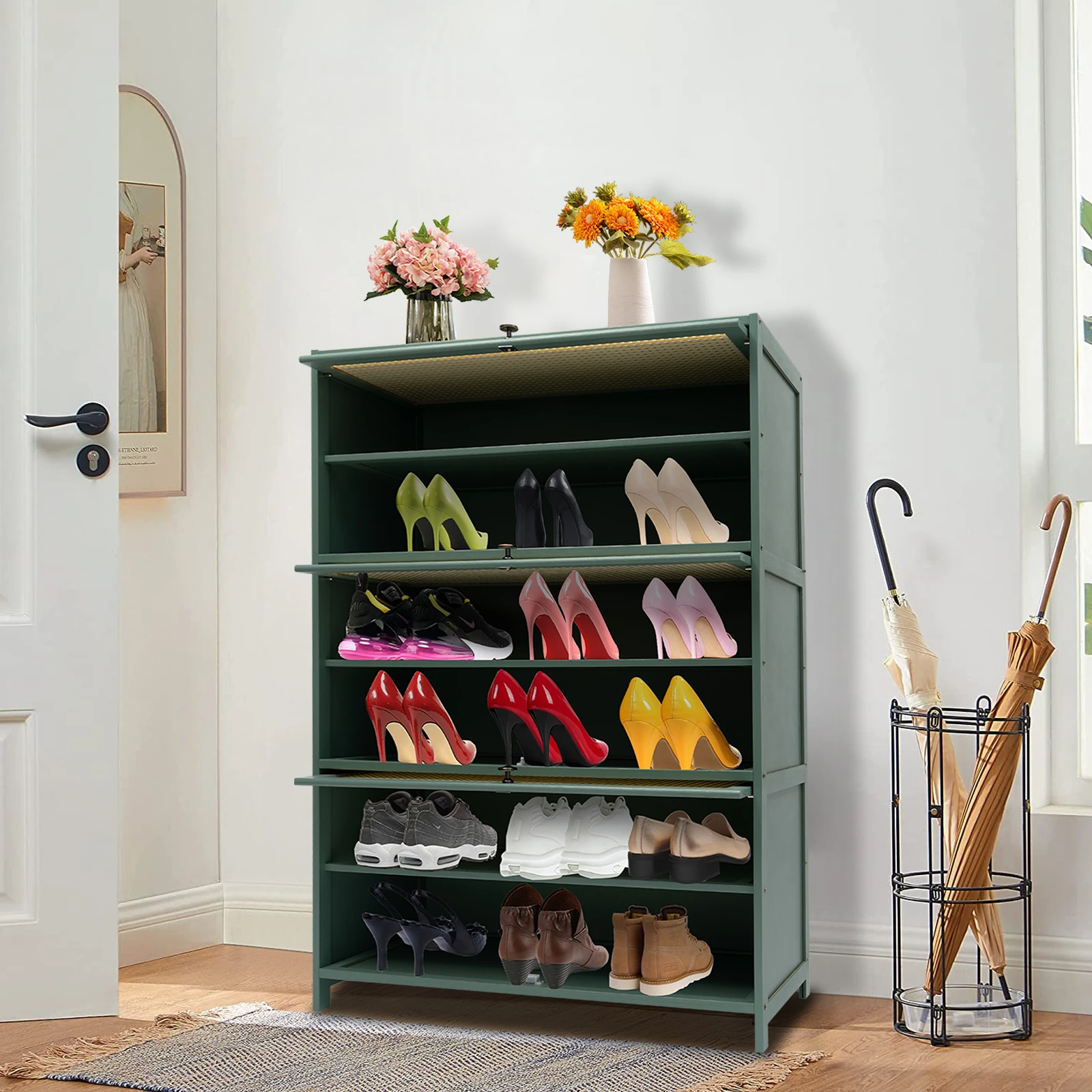 

Shoe Storage Cabinet - 7-Tier Bamboo Floor Organizer, 31.5x12.6x41.7in, Green, 11.02-16.53lbs/Tier, Removable Panels, Dust-proof