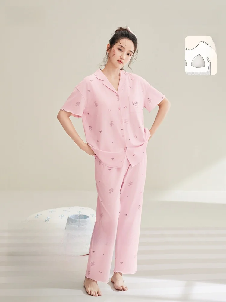 anziban-pure-cotton-sleepwear-with-chest-pad-summer-women's-sweet-knot-print-short-sleeve-long-pants-home-clothes-set