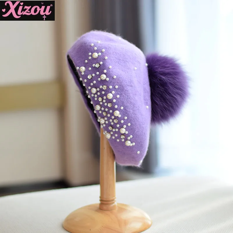 

Japanese New Fox Hairball Beret Children's Tide Retro Autumn Winter Woolen Pearl Painter Hat Lolita Rhinestone Pumpkin Hat Women