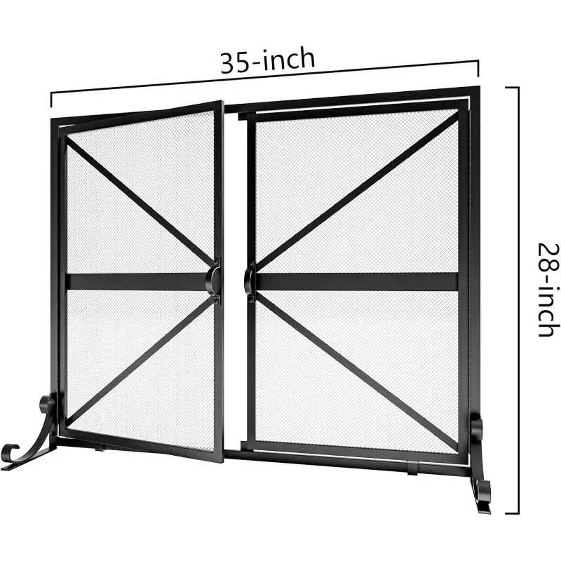 Fireplace Screen with Doors, 2-Pannel Handcrafted Solid Wrought Iron Decorative Mesh,Baby Safe Proof Firewood Burning