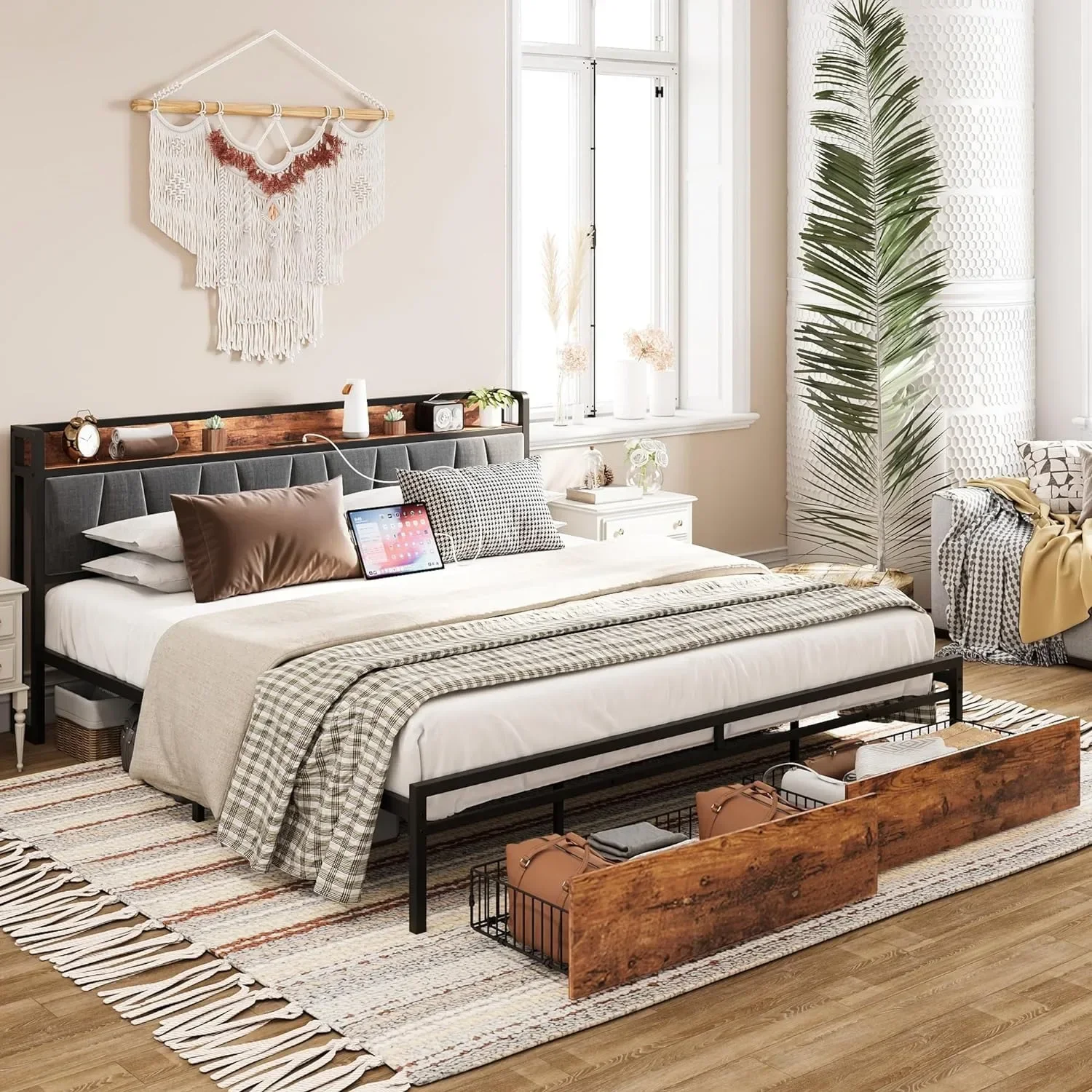 King Size Bed Frame, Storage Headboard with Charging Station, Platform Bed with Drawers, No Box Spring Needed, Heavy DutyLM