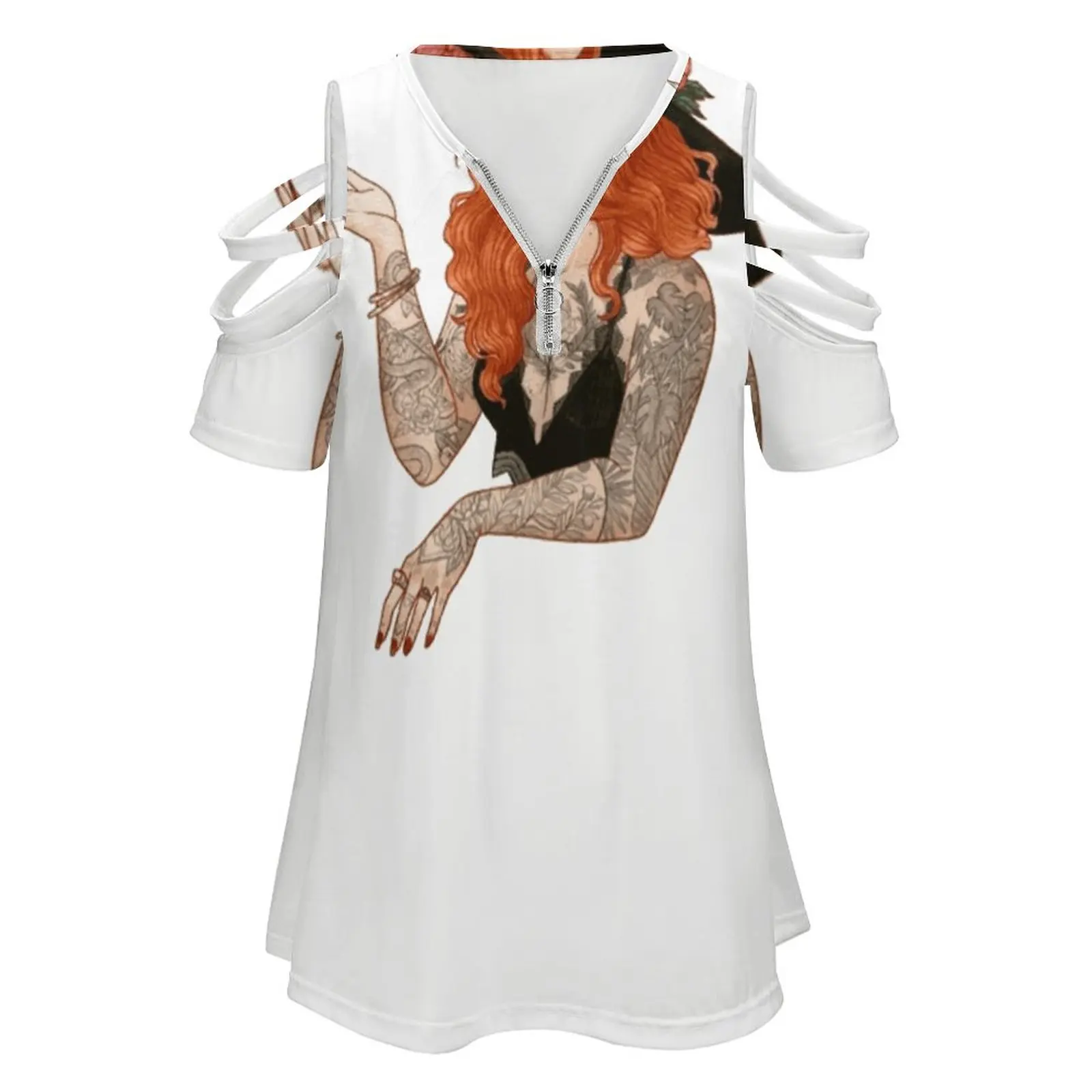 Red Tattooed Witch New Fashion Zip Off Shoulder Top Short-Sleeve Women Shirt Witch Witchy Witchcraft Peonies Tattoos Tattoed