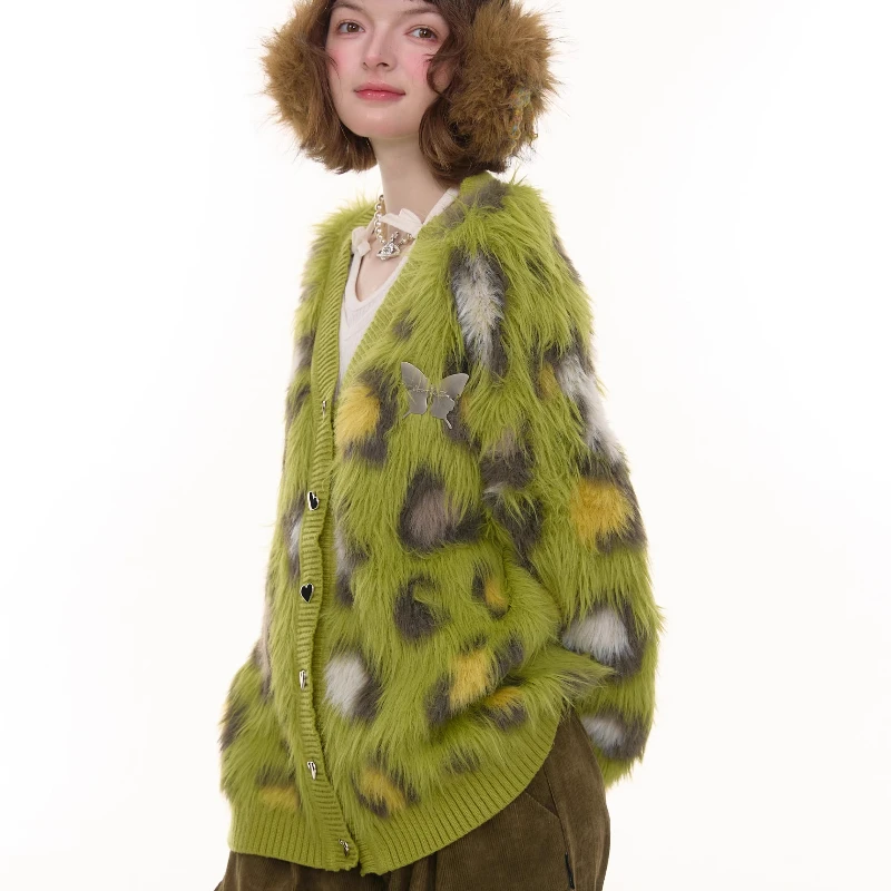 Jesienno-zimowy sweter damski w delikatny wzór panterki, luźny, uniwersalny kardigan z dekoltem w serek w stylu amerykańskim retro, ciepły.