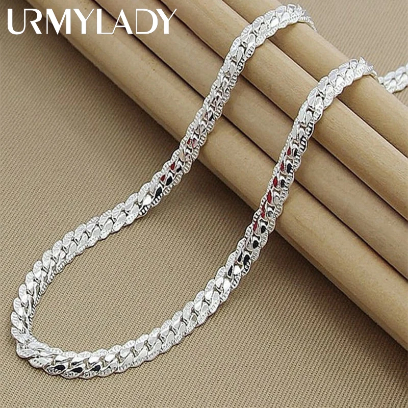 

URMYLADY 925 Sterling Silver 6mm Side Chain 8/18/20/22/24 Inch Necklace For Woman Men Fashion Wedding Engagement Jewelry Gift