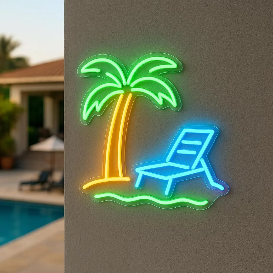 

Pool Neon Sign Palm Tree and Lounger Neon Sign Wave Tourist Resort Beach Decor Wall Decor Aesthetic Wall Art