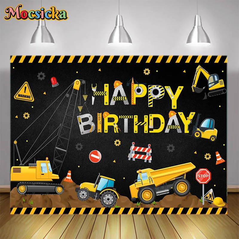 

Construction Team Theme Photography Background Excavator Transport Truck Birthday Party Decoration Backdrop Text Customizable