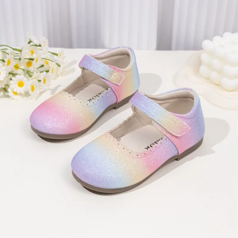 

Spring Autumn Princess Girls' Glitter Rainbow Mary Jane Shoes - Colorful Gradient Hook-Loop Strap Sparkly Dress Shoes for Kids
