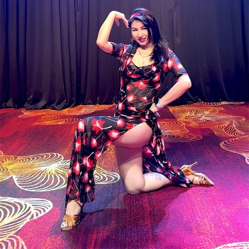 Customized Bellydance Costume Practice Robe 5Pcs Printed Dress Mid-Sleeve Dress Robe Headscarf Tube Top Waist Scarf Safety Pants