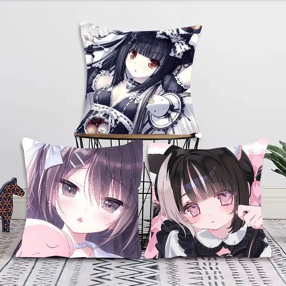 Kawaii Anime Girl Pillow Cover, Pink Lolita Cat Ear Maid Character Throw Pillowcase, Sweet Pastel Aesthetic Cushion Sofa Decor