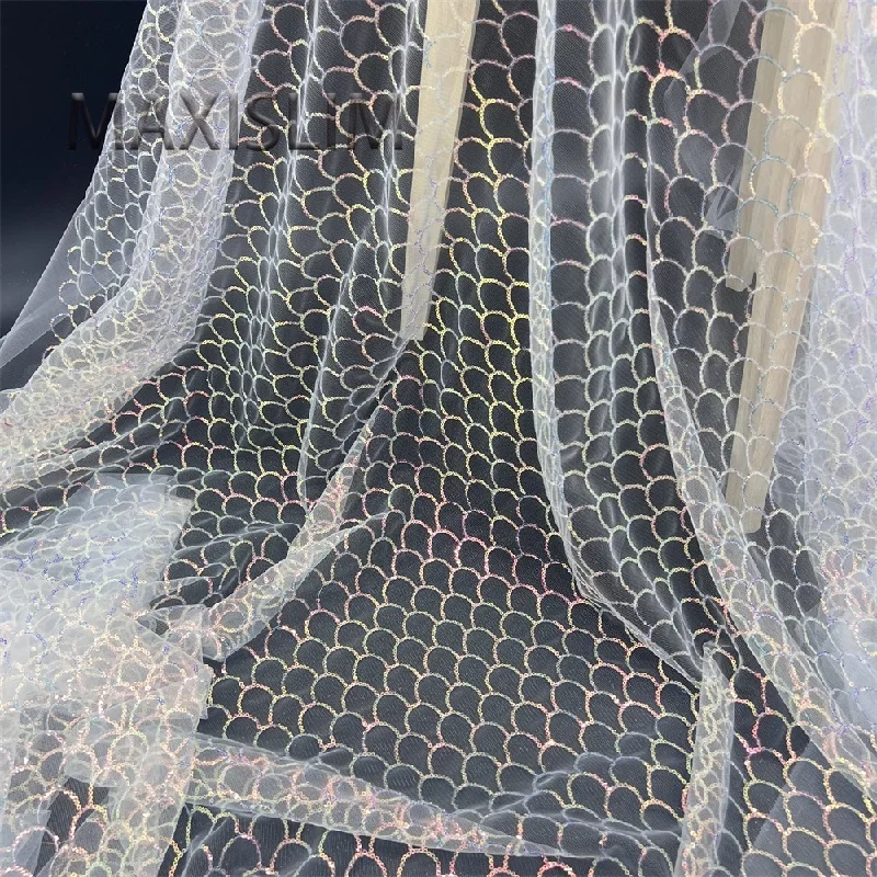 

Popular Mesh Embroidery Sequin Fabric 7 Colors DIY Designer Fabric Skirt Wedding Dress Fish Scale Sequin Fabric Width 125CM