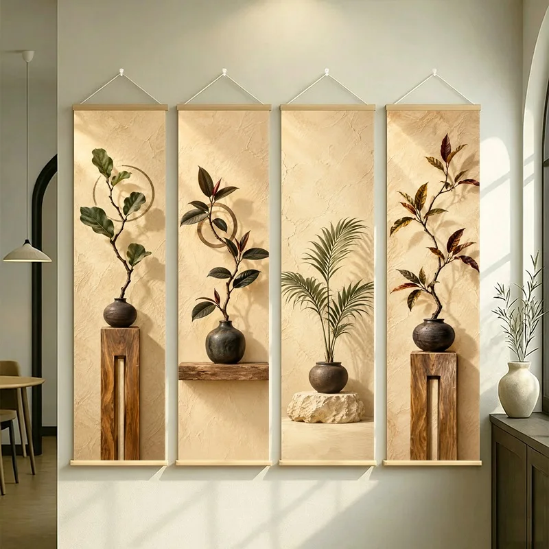 Wall Decor Croton and Fiddle Leaf Fig, Natural Wabi-Sabi Botanical Silver Shimmer Canvas Hanging Scroll for Zen Sanctuary