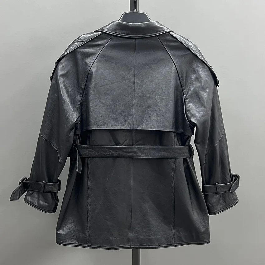 Women Genuine Leather Coat Office Ladies Windbreakers High Waist Retro Casual Oil Wax Sheepskin Medium Long Jacket JFB6-25005