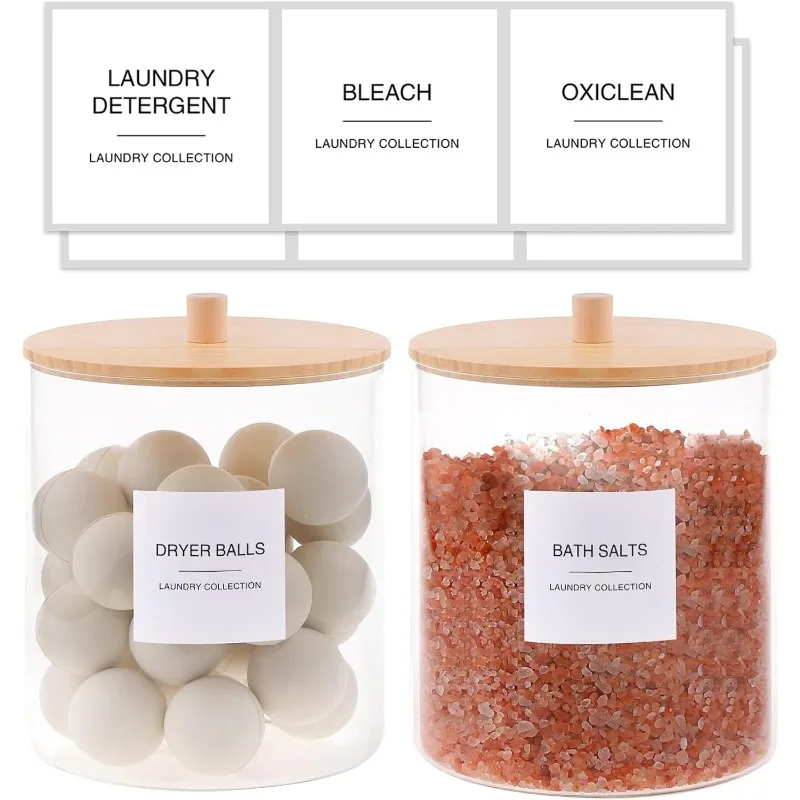 Стеклянные банки и держатель для акриловых простыней, контейнер для стручков для белья с бамбуковой крышкой и 27 этикеток