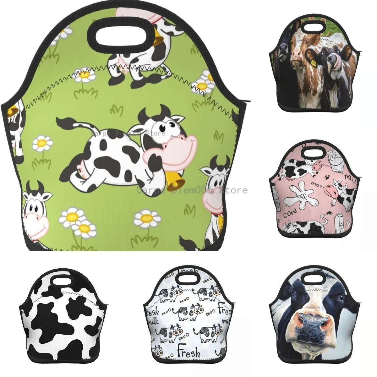 Funny Cow Neo-Prene Lunch Bags Women Men Ther-Mal Insulated Reusable Washable Pic-Nic Tote Lunch Box