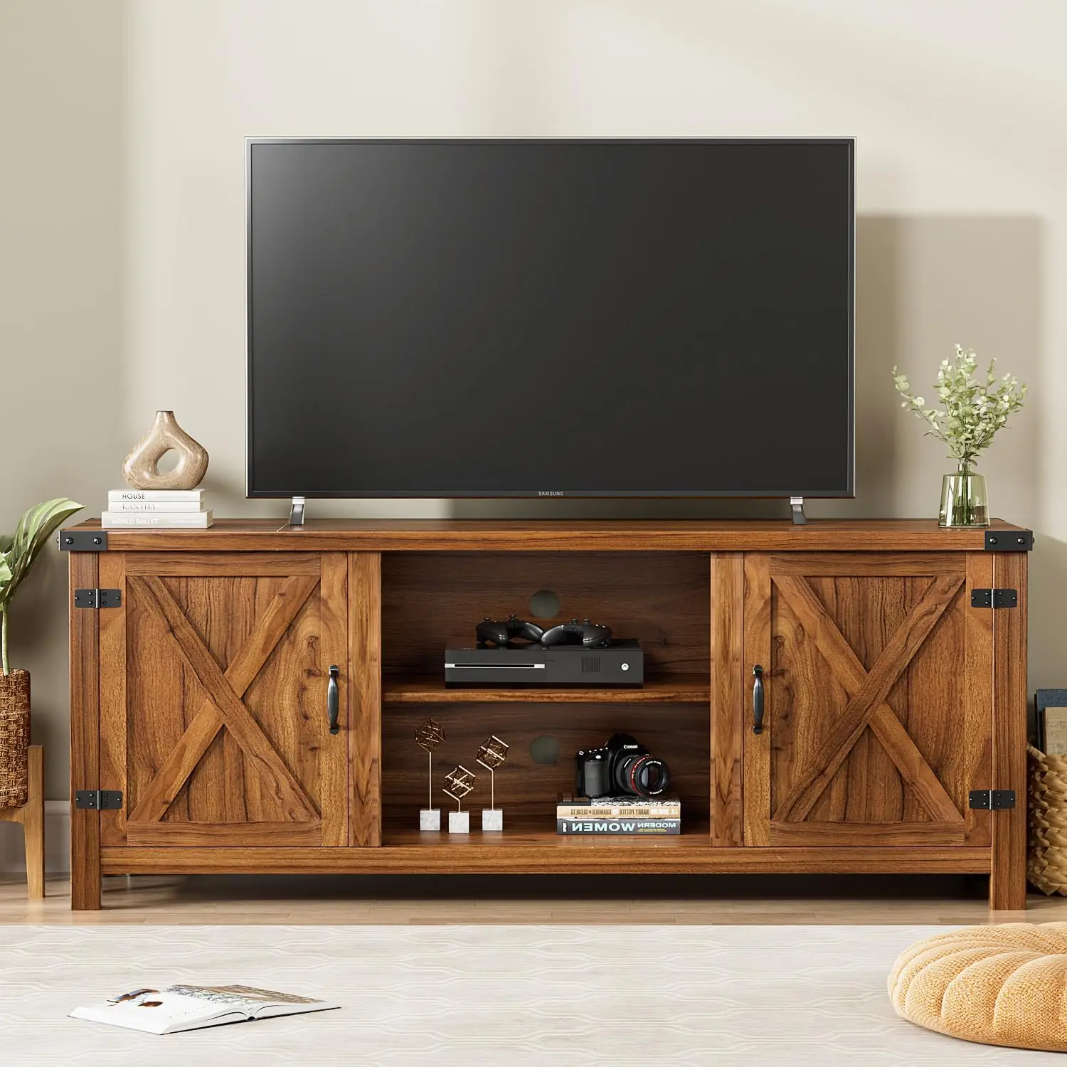 Modern Farmhouse TV Stand with Two Barn Doors and Storage Cabinets for Televisions up to 65+ Inch,Entertainment Center Console