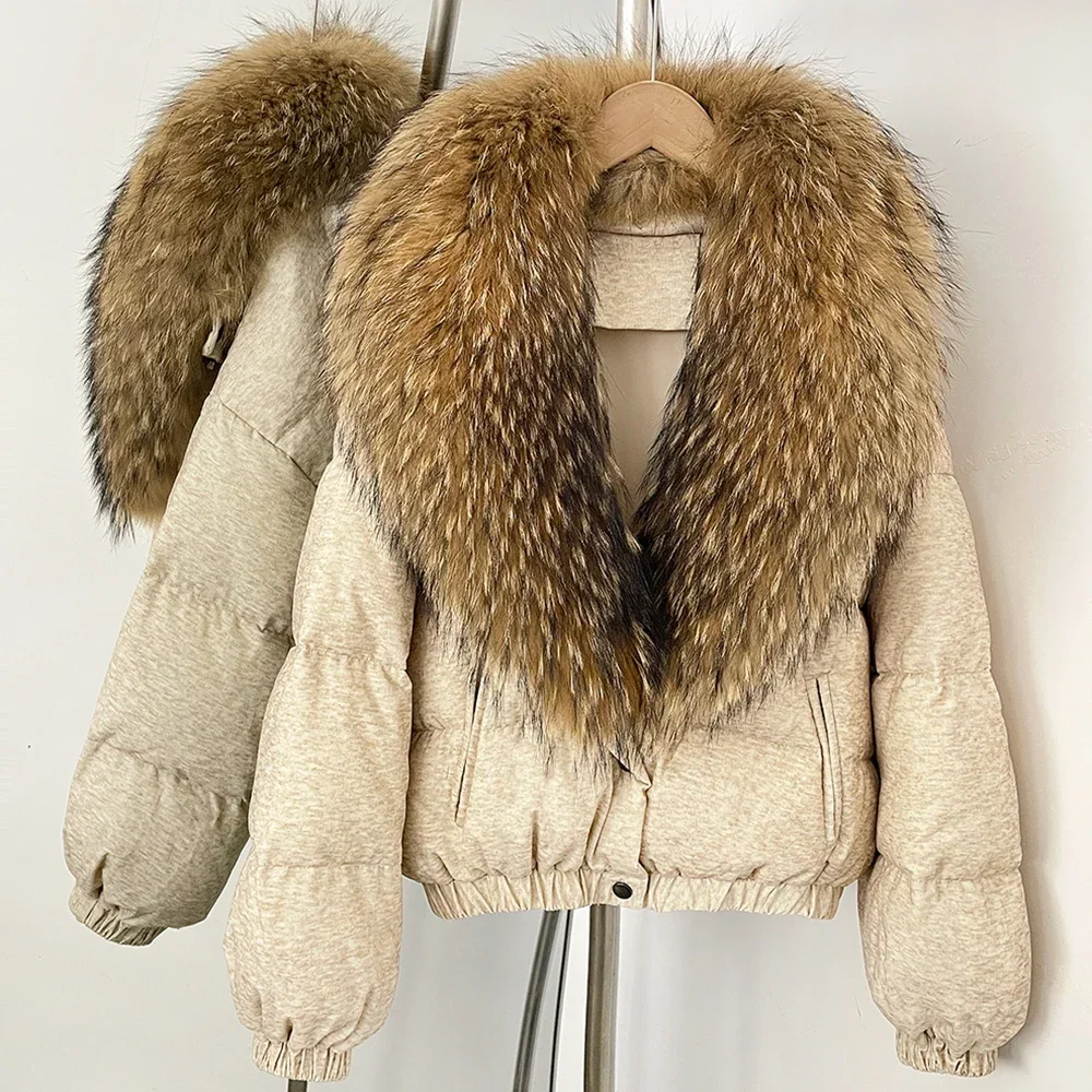 OFTBUY Neue Winterkleidung Übergroßer Echter Fuchspelz Kurzer Daunenmantel Damen 100% Baumwolle Waschbärpelz Entendaunen Pufferjacke Frauen – Detail 36