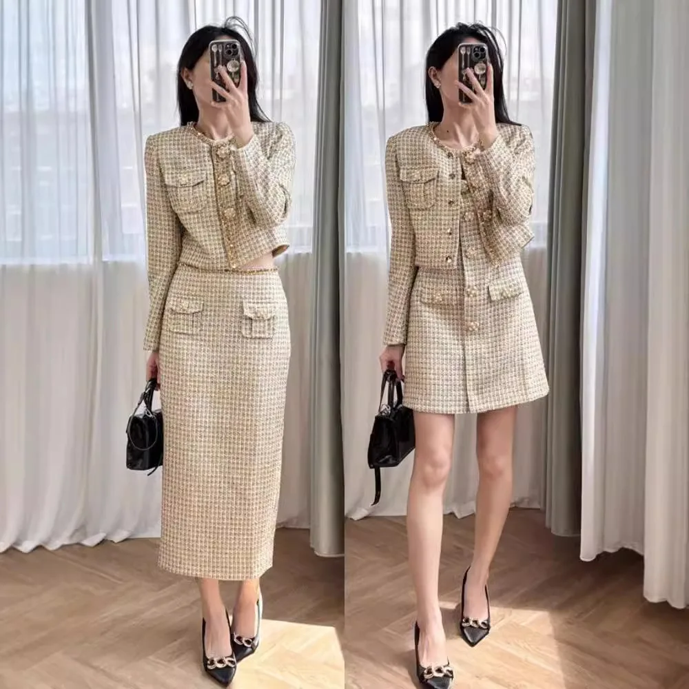Qualität Herbst Winter Perlen Diamanten Gold Taste Tweed Zwei Stück Set Frauen Kleid Anzüge Jacken Mäntel Kurze Röcke 2 stücke Outfits