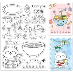 1Sheet Lucky Cat and Japanese Food Clear Stamp Ramen and Sushi Transparent Silicone Stamp Oriental Style Stamp for Card
