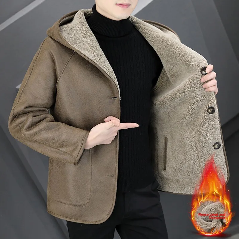 

Men's Thiened Faux Suede Jaet Double-Sided Wear Fur-Lined Autumn Winter Coat Polyester Fiber Long Sve Hooded Coat