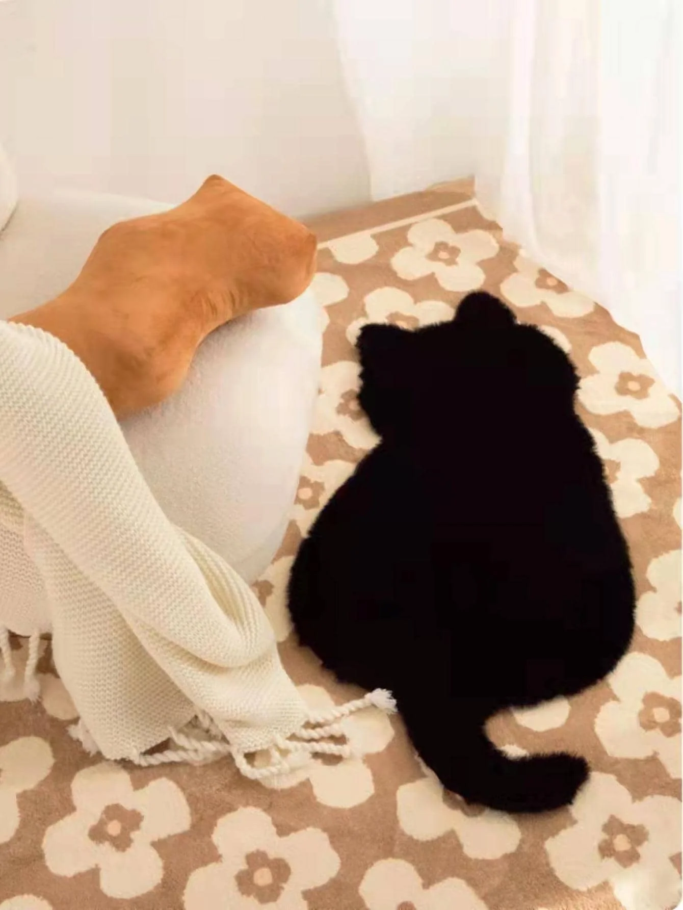 1 black upright cat shaped imitation rabbit hair carpet mat for home decoration non-slip for living room and other scenes