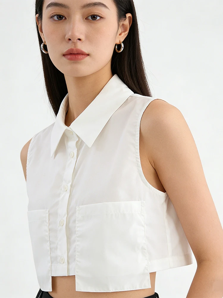 

SLTNX Women's Lapel Sleeveless White Shirt Pocket Decoration Women's Short Cool 2026 Fashion Top
