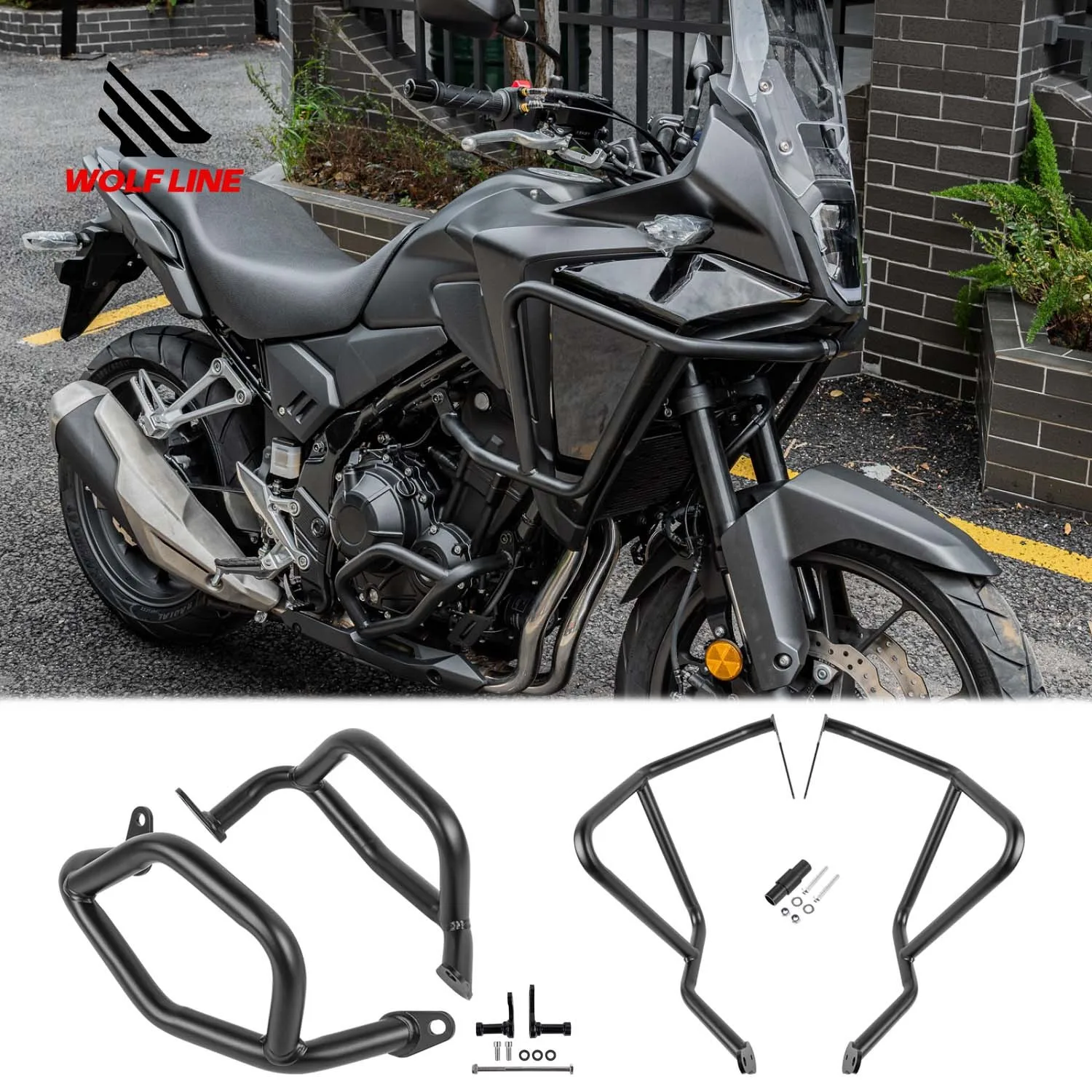 WOLFLINE Sturzbügel für Honda NX400 NX 500 2024 2025 2026 Oberer & Unterer Motorschutz Schwarzer Stahlrahmen Stoßfänger-Schutz Modifikation
