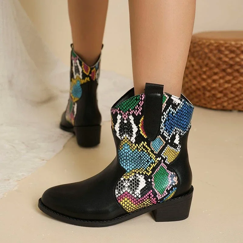 Pointy Toe Chunky Mid-heel Snake-print Low Boots Side Zip Western Cowboy Rider Boots Women's Plus-size Leather Boots