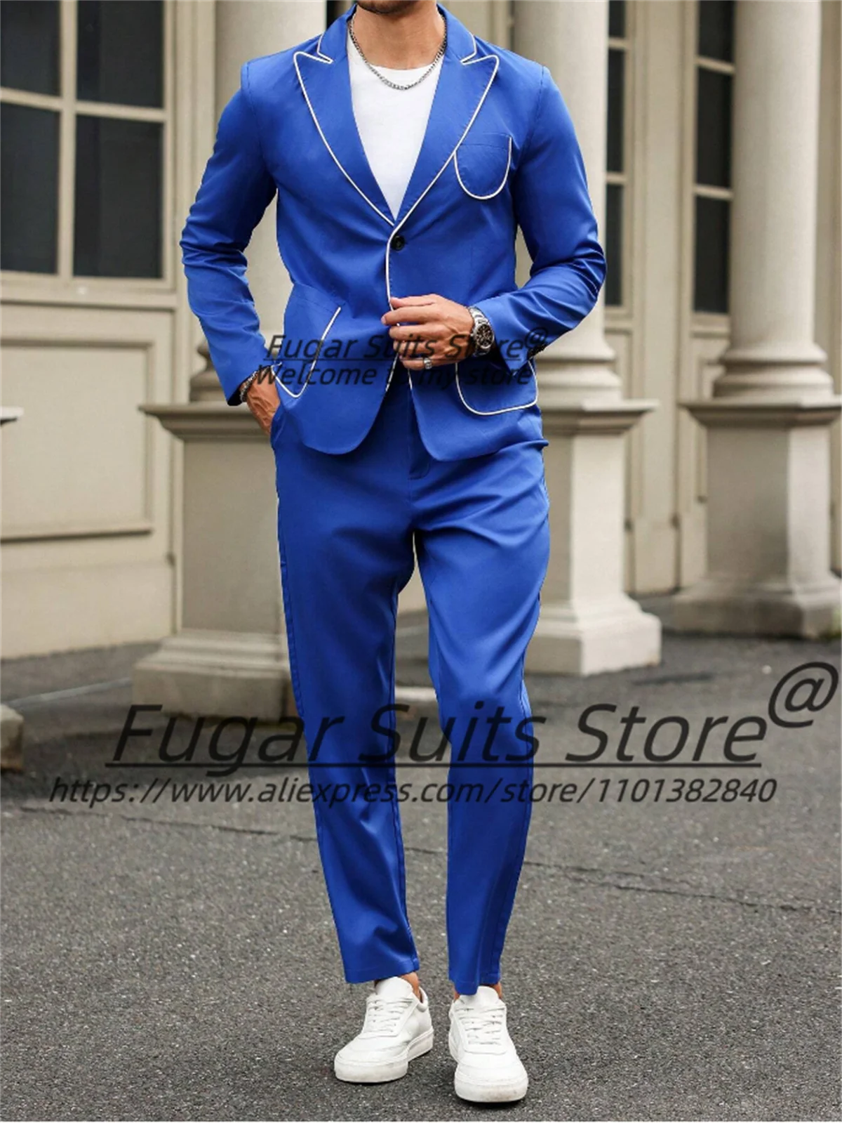 British Style Blue Fashion Casual Men Suits Slim Fit Notched Lapel Groom Tuxedos 2Pieces Sets Elegant Male Blazers Costume Homme