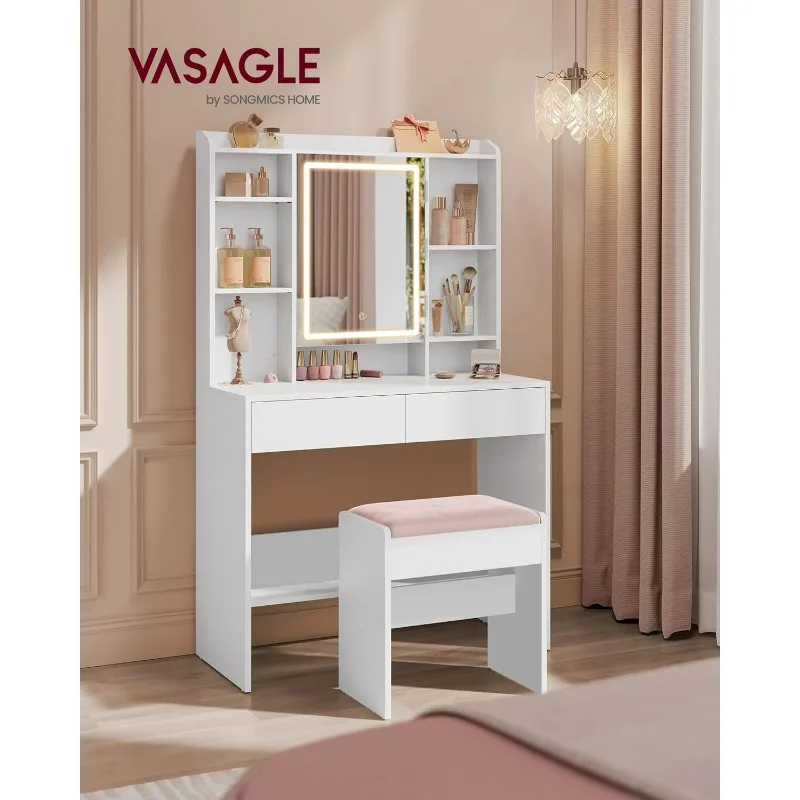 Vanity Desk with Mirror and Lights, Makeup Vanity with Upholstered Vanity Stool, Dimmable LED Lights, Adjustable Shelves