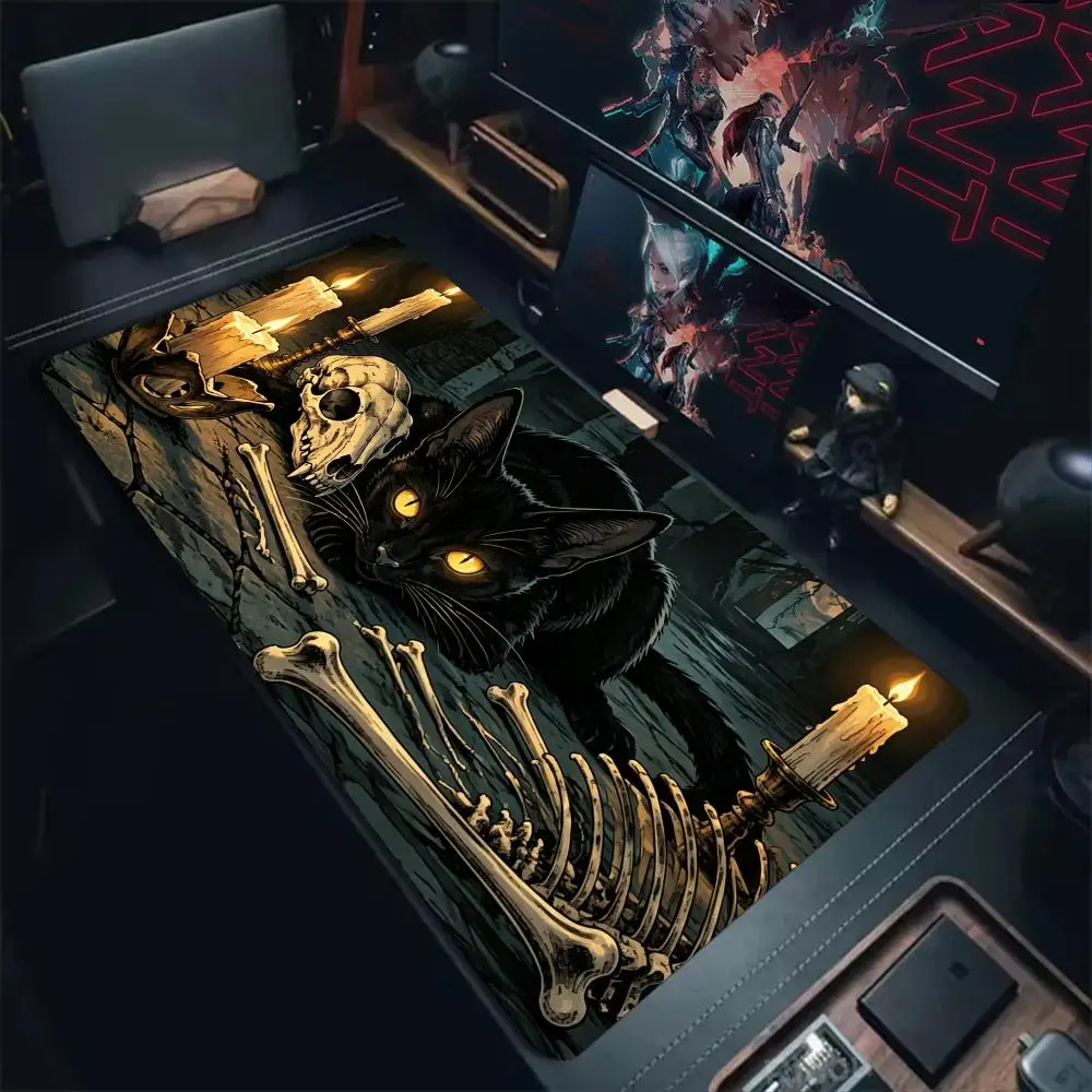 White Skeleton and Black Cat Mouse Pad Desk Mat Large Computer Office Carpet XXL Mousepad Gaming PC Accessories Keyboard Rug