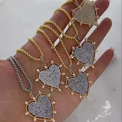 5PCS, Luxury Big Heart CZ Women Pendant Necklaces Simple Female Party Gift Daily Wear Statement Stainless Steel Chain Jewelry