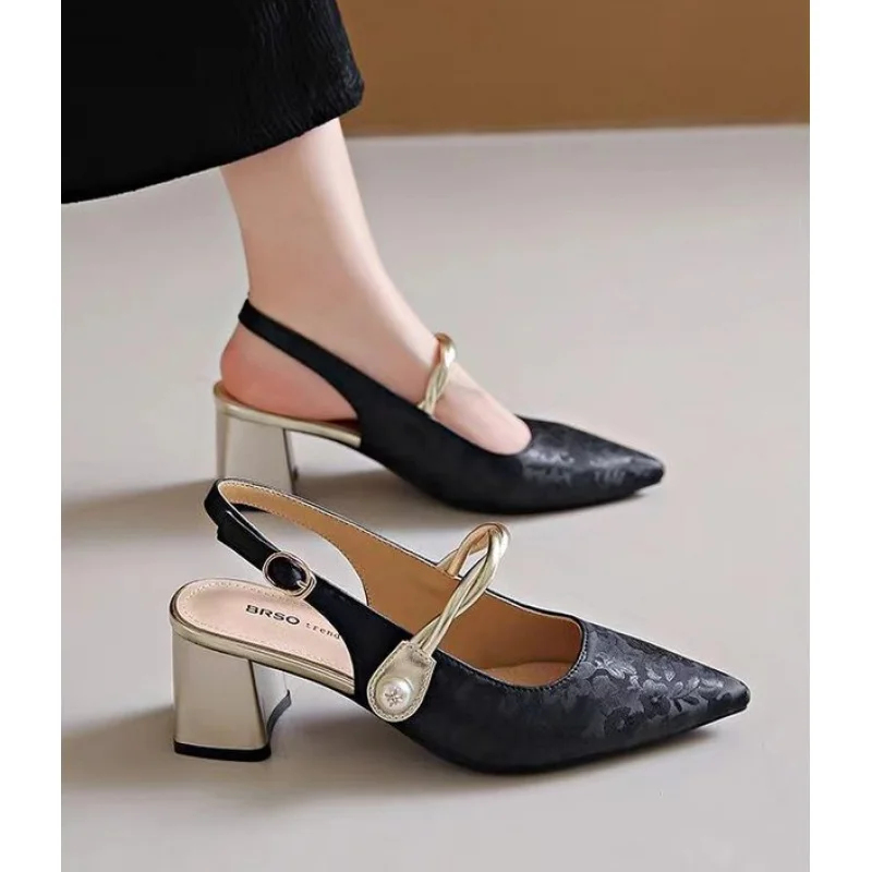 2026 Elegant Women Pointed Toe Slingback Block Heel Sandals Vintage Chic Dress Shoes for Wedding Office Party view 6