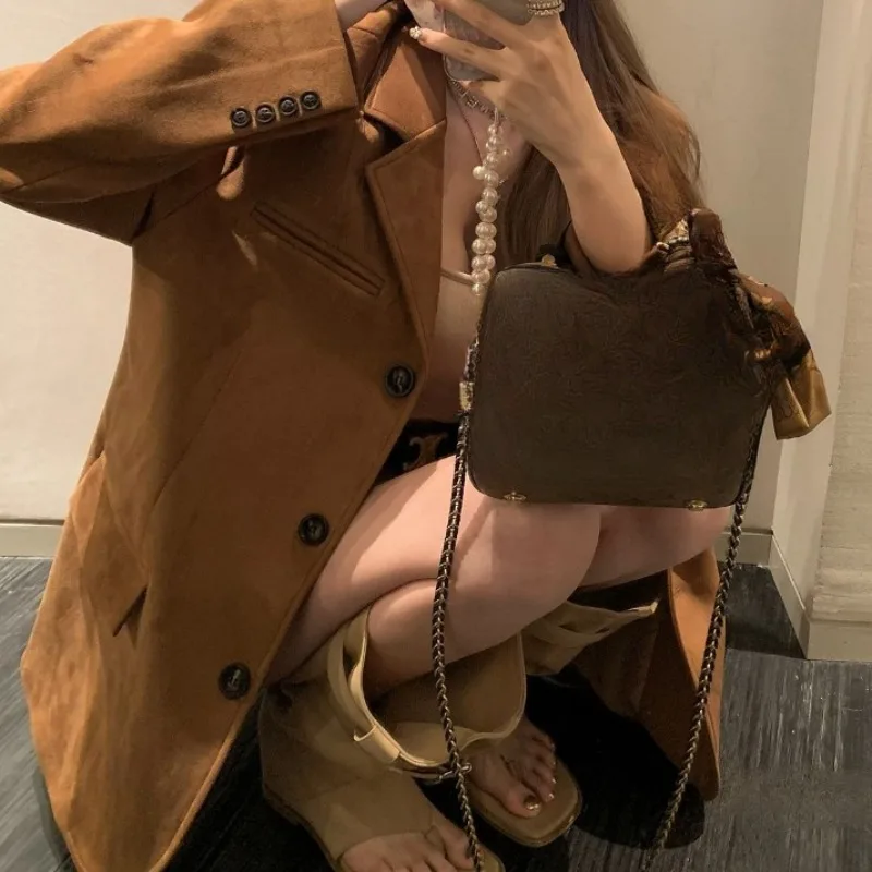 South Korea Style Texturous Suit Niche Brown Retro Suit Jacket Women's Spring and Autumn 2024 Fashion Elegant New Style